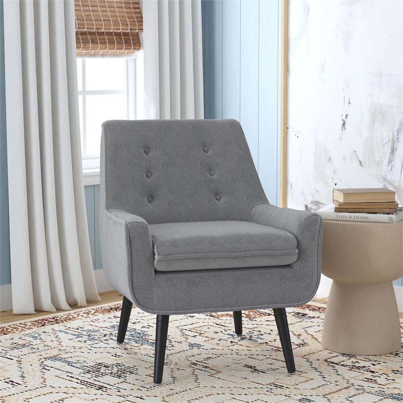 Linon Trelis Upholstered Tufted Accent Chair with Black Wood Legs in Gray Fabric
