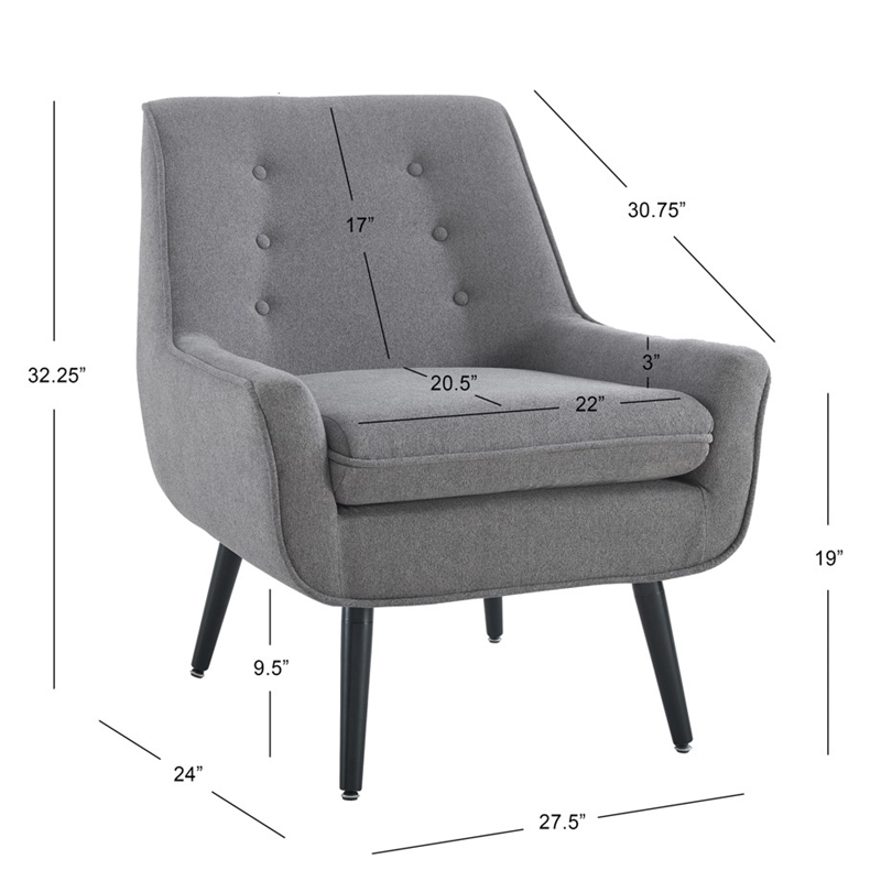 Linon Trelis Upholstered Tufted Accent Chair with Black Wood Legs in Gray Fabric
