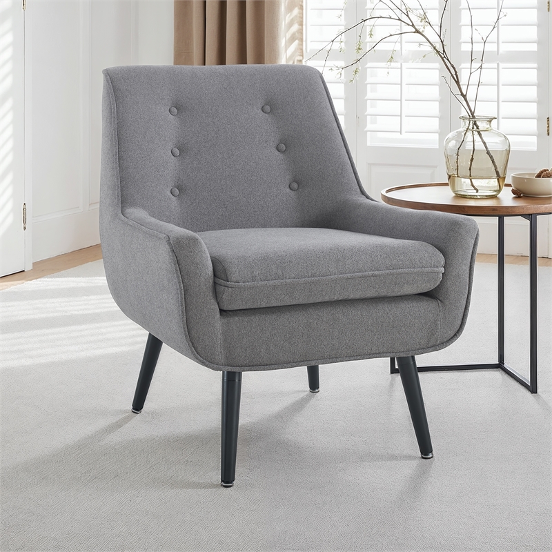 Linon Trelis Upholstered Tufted Accent Chair with Black Wood Legs in Gray Fabric