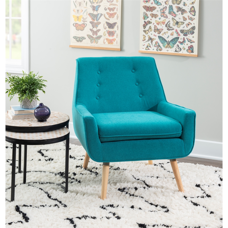 Linon Trelis Upholstered Tufted Accent Chair Natural Wood Legs in Teal Fabric