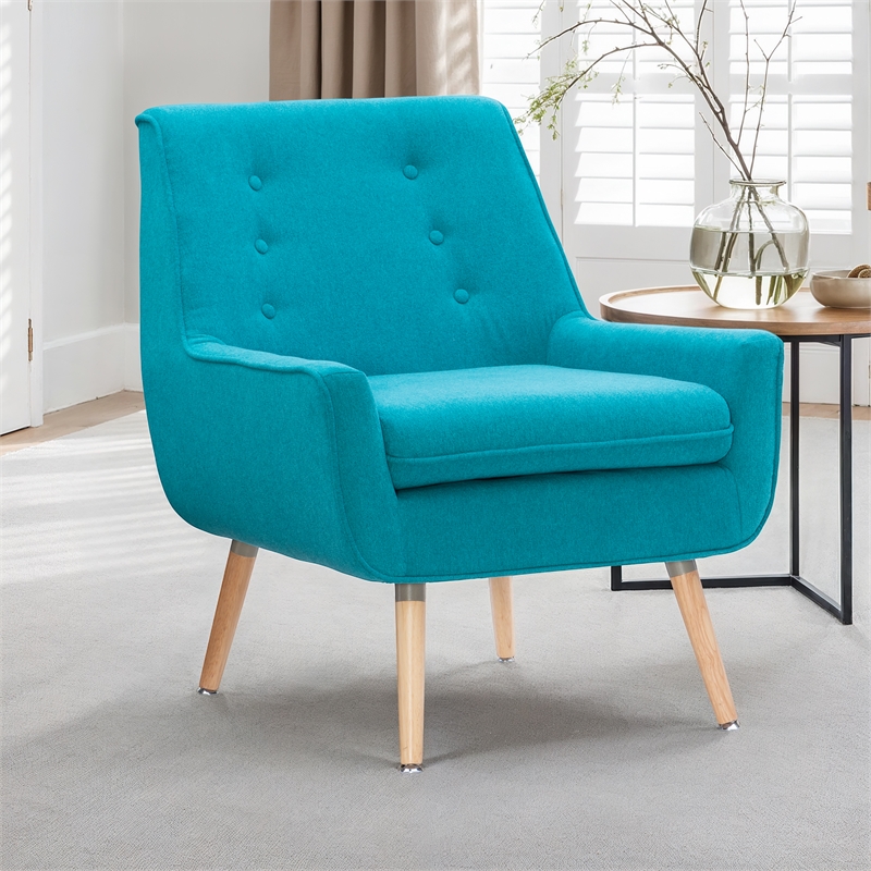 Linon Trelis Upholstered Tufted Accent Chair Natural Wood Legs in Teal Fabric