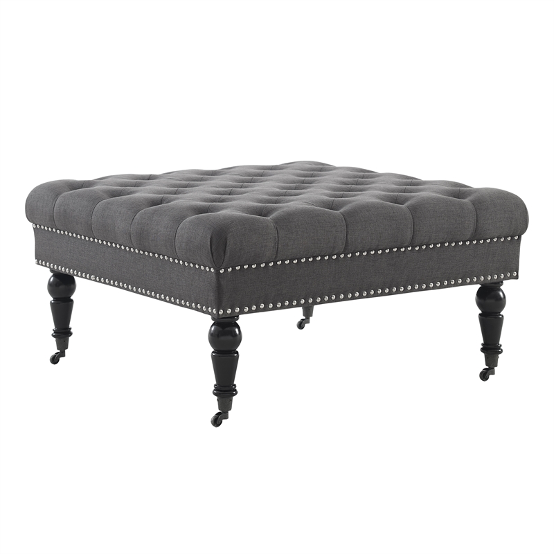 Linon Isabelle Square Wood Upholstered Ottoman in Charcoal Gray Cymax