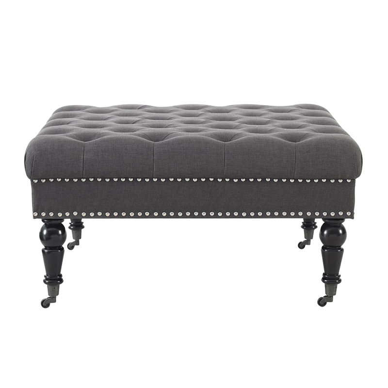 Linon Isabelle Square Upholstered Ottoman Black Legs in Charcoal Gray Fabric