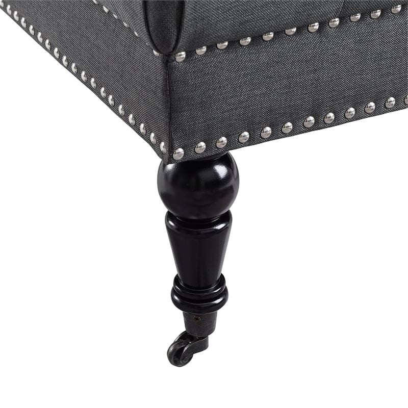 Linon Isabelle Square Upholstered Ottoman Black Legs in Charcoal Gray Fabric