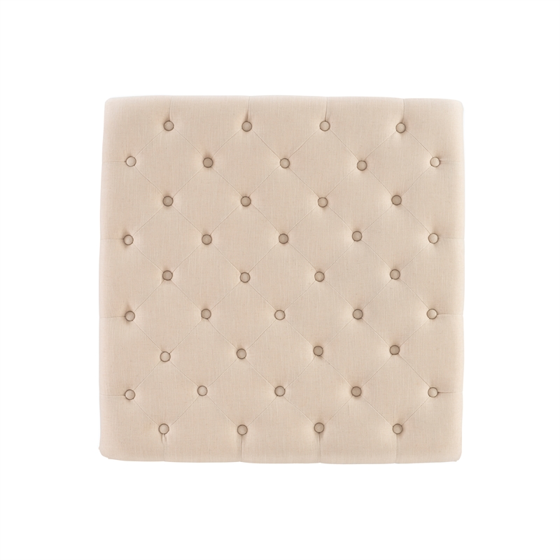 Linon Isabelle Square Upholstered Ottoman Black Legs in Natural Beige Fabric