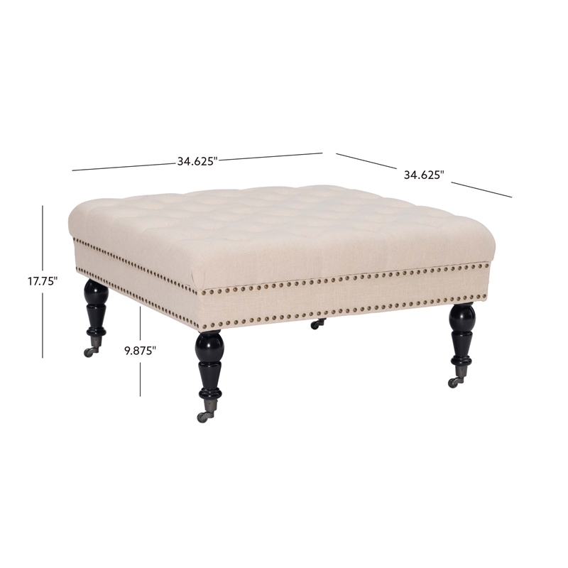 Linon Isabelle Square Upholstered Ottoman Black Legs in Natural Beige Fabric