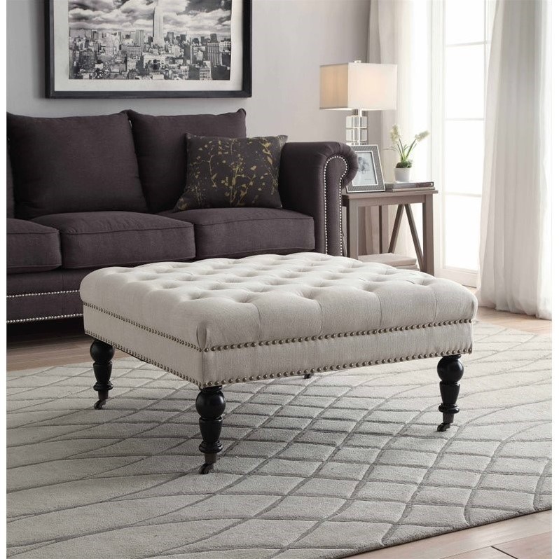 Linon Isabelle Square Wood Upholstered Ottoman in Natural ...