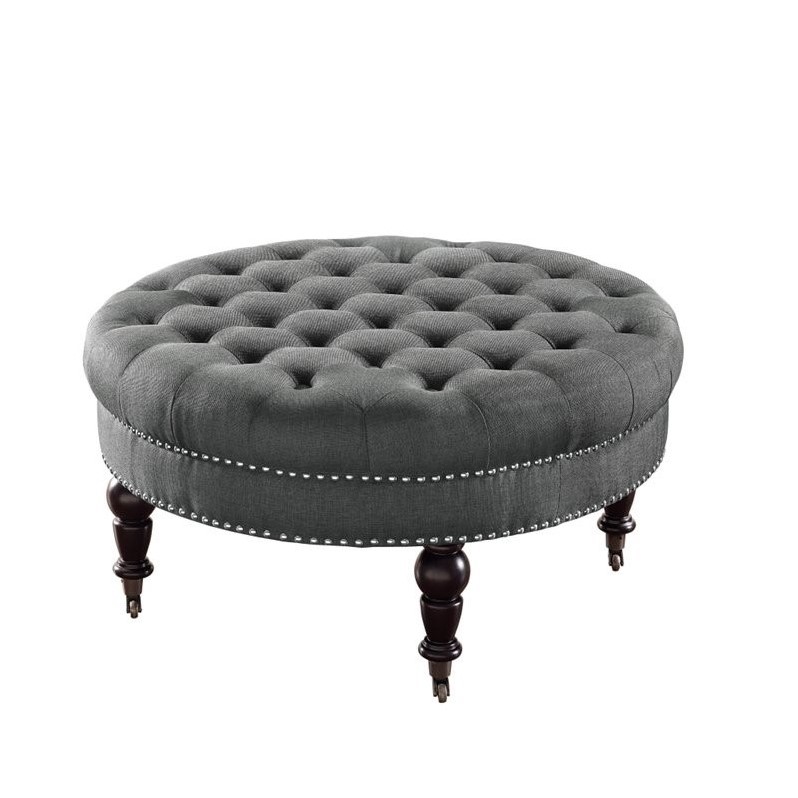 Linon Isabelle Round Wood Upholstered Ottoman in Charcoal Gray Cymax