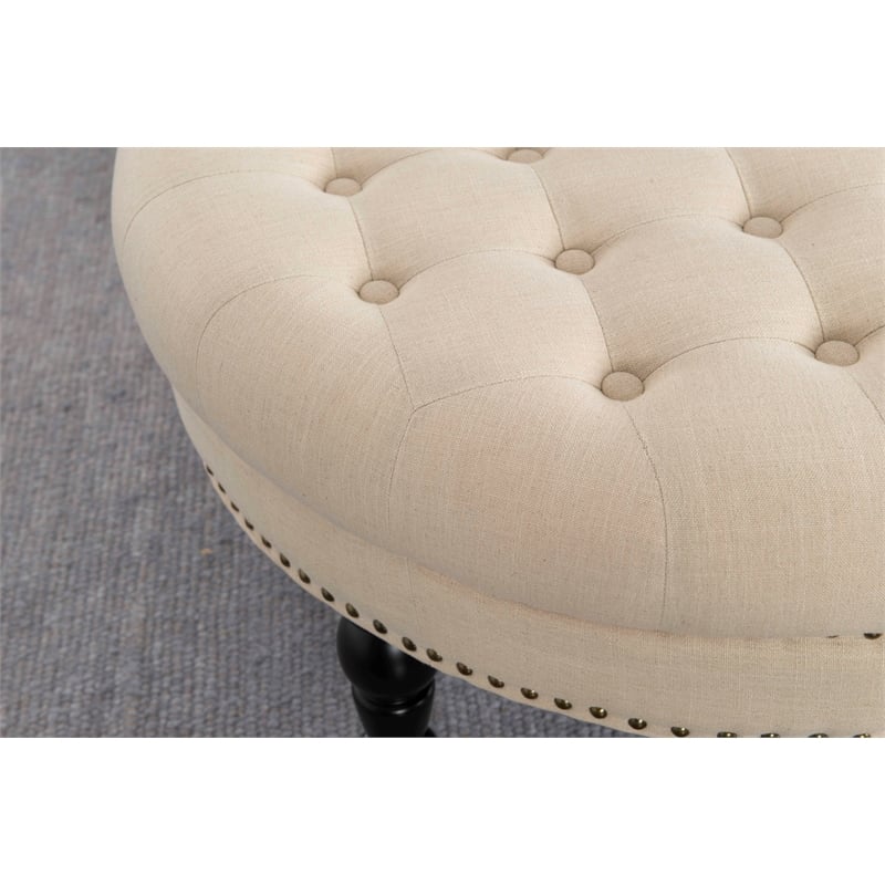Linon Isabelle Round Wood Upholstered Ottoman in Natural Beige