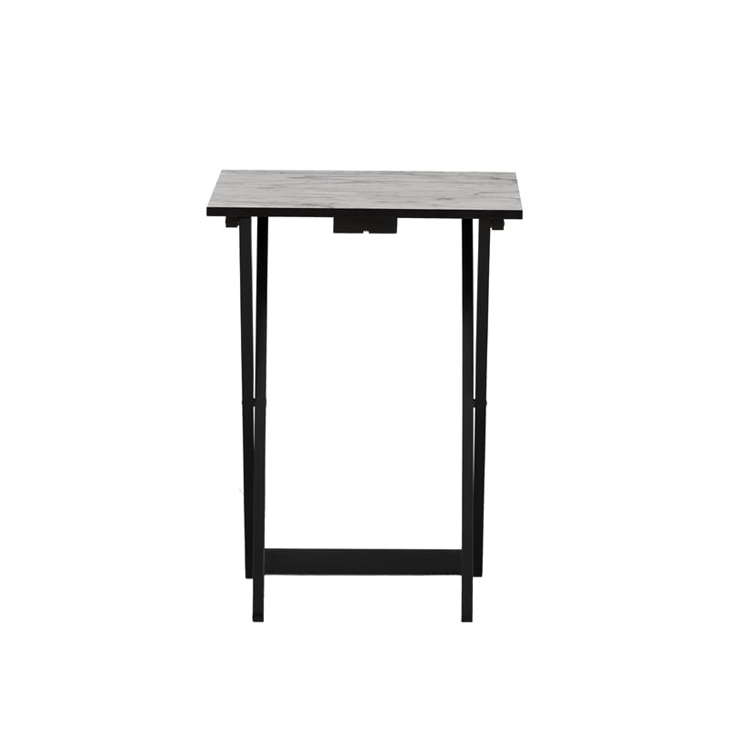 Linon Five Piece Faux Marble Folding Tray Table Set with Stand in Black Wood
