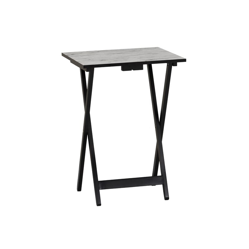 Linon Five Piece Faux Marble Folding Tray Table Set with Stand in Black Wood