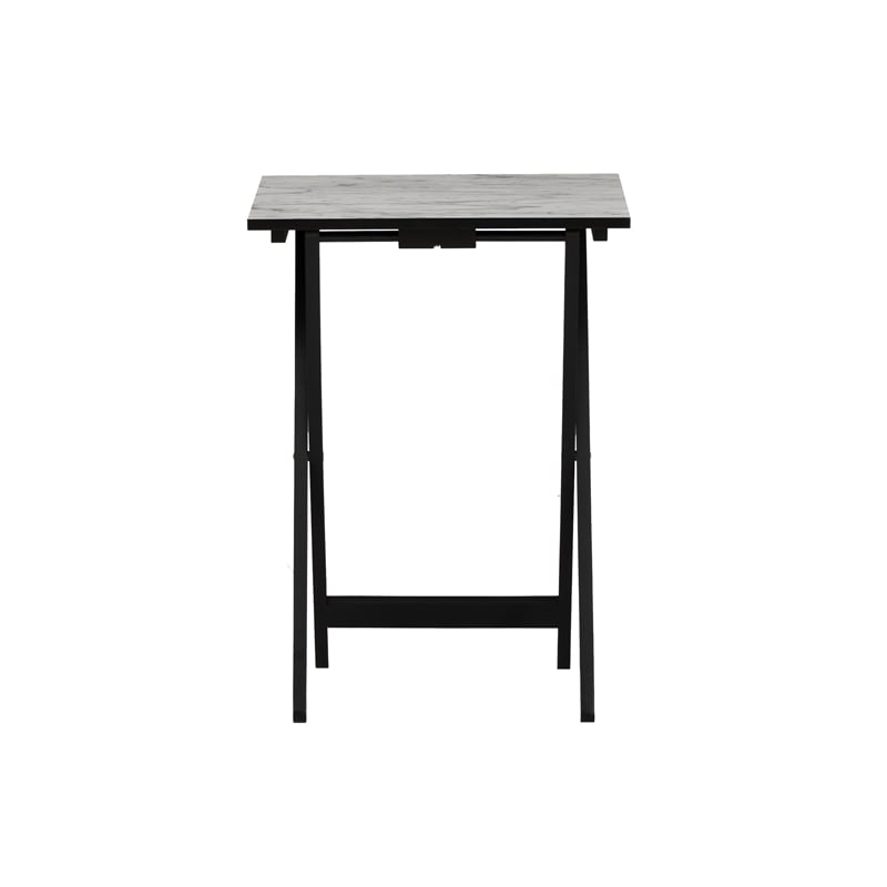 Linon Five Piece Faux Marble Folding Tray Table Set with Stand in Black Wood