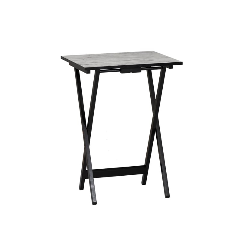 Linon Five Piece Faux Marble Folding Tray Table Set with Stand in Black Wood