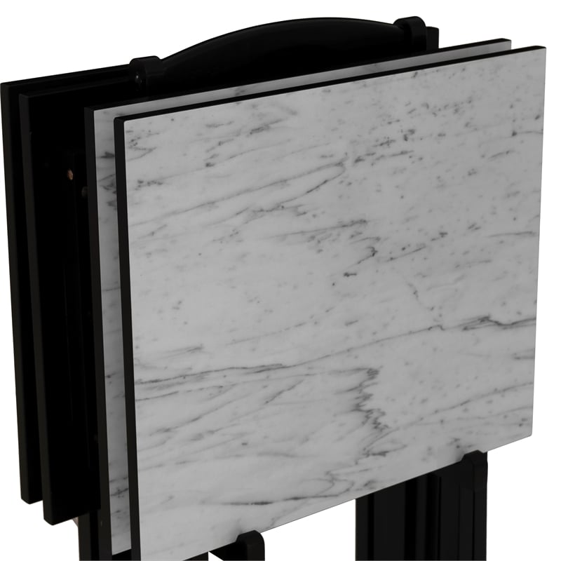 Linon Five Piece Faux Marble Folding Tray Table Set with Stand in Black Wood