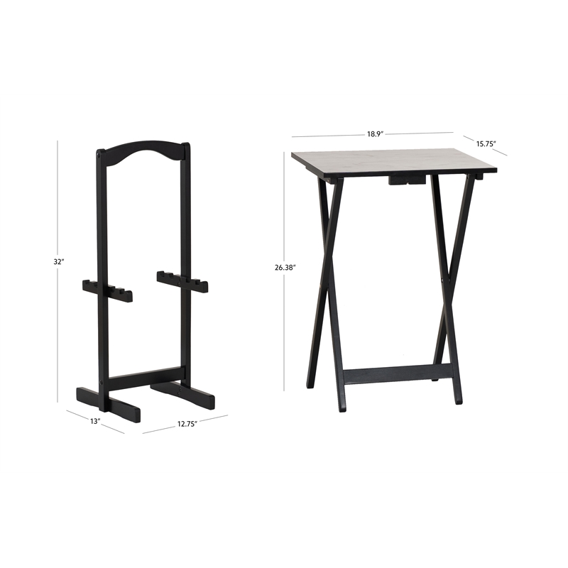 Linon Five Piece Faux Marble Folding Tray Table Set with Stand in Black Wood