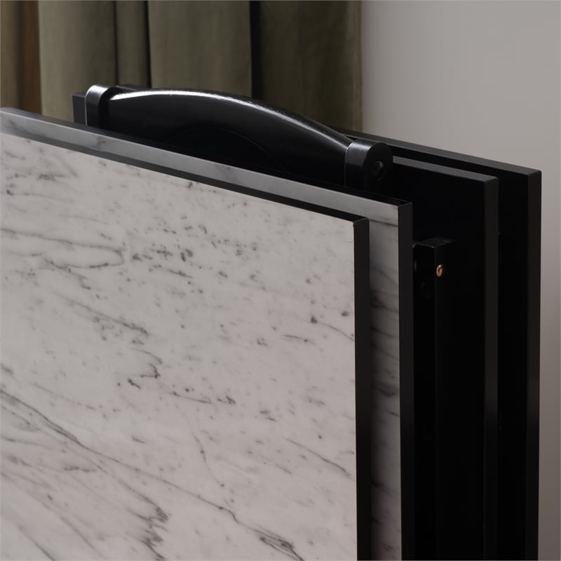 Linon Five Piece Faux Marble Folding Tray Table Set with Stand in Black Wood