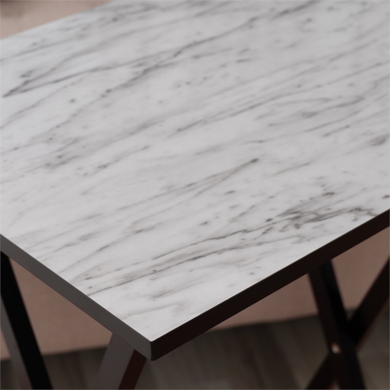 Linon Five Piece Faux Marble Folding Tray Table Set with Stand in Black Wood