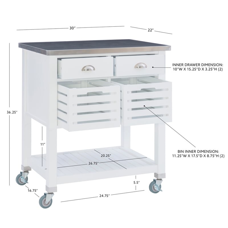Linon Robbin Wood Rolling Kitchen Storage and Prep Cart in White