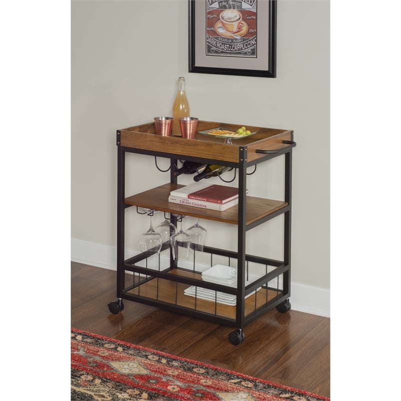 Linon Austin Rolling Metal Wood Bar Cart 3 Shelves Wine and Glass Rack in Brown