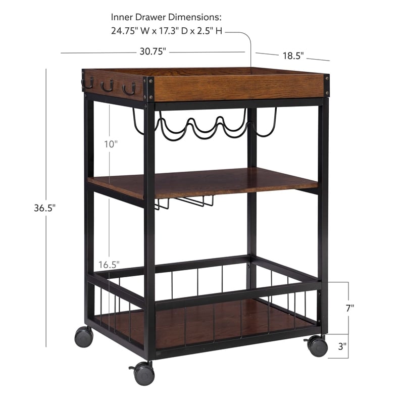 Linon Austin Rolling Metal Wood Bar Cart 3 Shelves Wine and Glass Rack in Brown