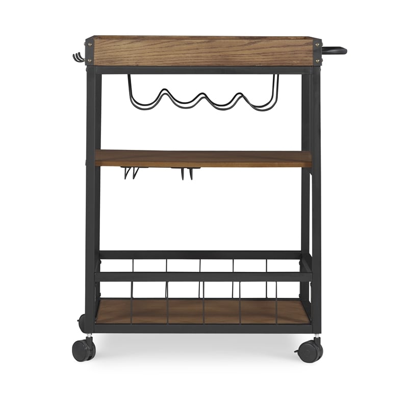 Linon Austin Rolling Metal Wood Bar Cart 3 Shelves Wine and Glass Rack in Brown