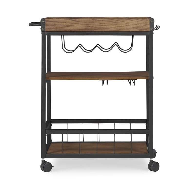 Linon Austin Rolling Metal Wood Bar Cart 3 Shelves Wine and Glass Rack in Brown