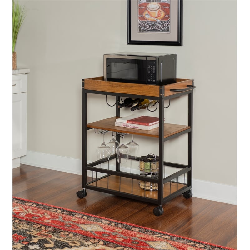 Linon Austin Rolling Metal Wood Bar Cart 3 Shelves Wine and Glass Rack in Brown