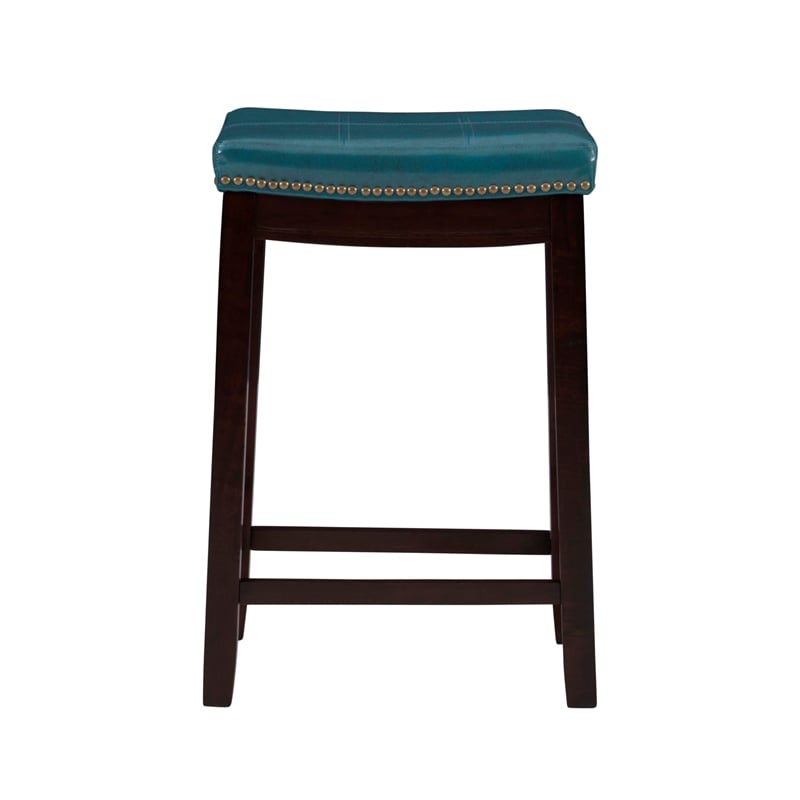 Linon Claridge Backless Counter Stool Blue Faux Leather Wood Frame in Dark Brown