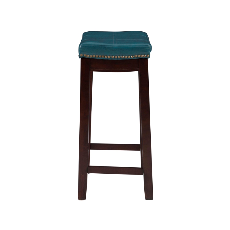 Linon Claridge Backless Counter Stool Blue Faux Leather Wood Frame in Dark Brown