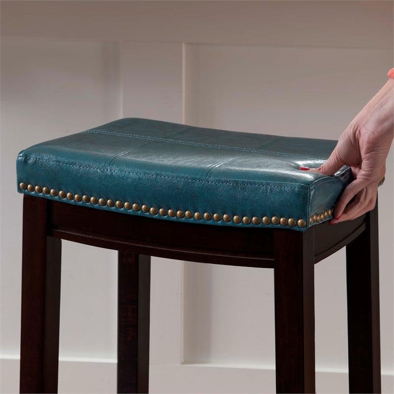 Linon Claridge Backless Counter Stool Blue Faux Leather Wood Frame in Dark Brown