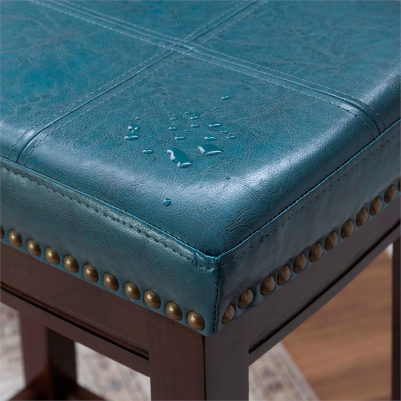 Linon Claridge Backless Counter Stool Blue Faux Leather Wood Frame in Dark Brown