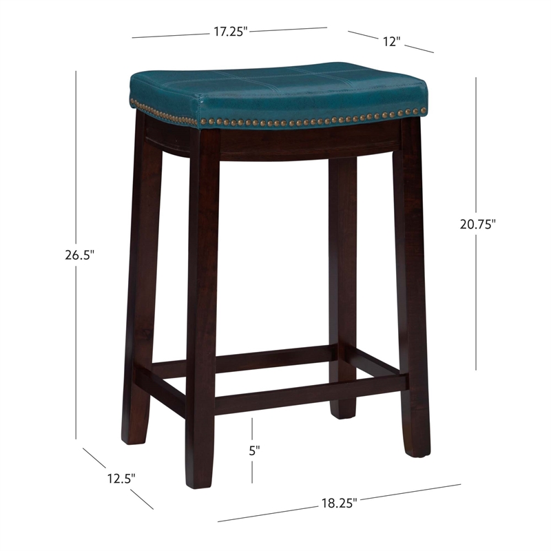 Linon Claridge Backless Counter Stool Blue Faux Leather Wood Frame in Dark Brown
