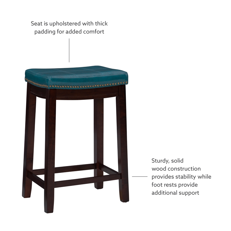 Linon Claridge Backless Counter Stool Blue Faux Leather Wood Frame in Dark Brown