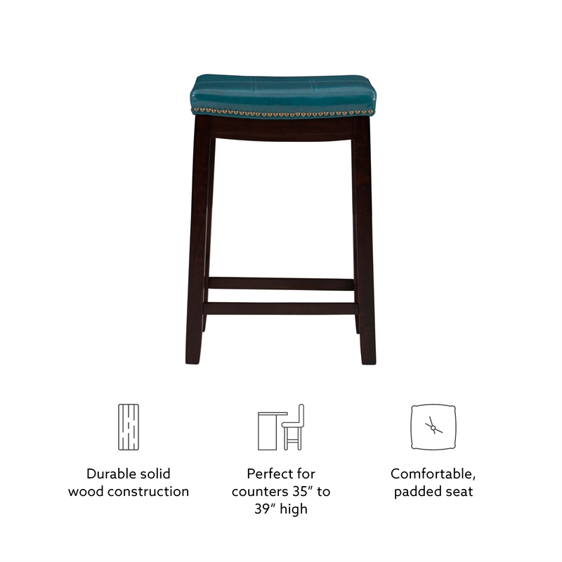 Linon Claridge Backless Counter Stool Blue Faux Leather Wood Frame in Dark Brown