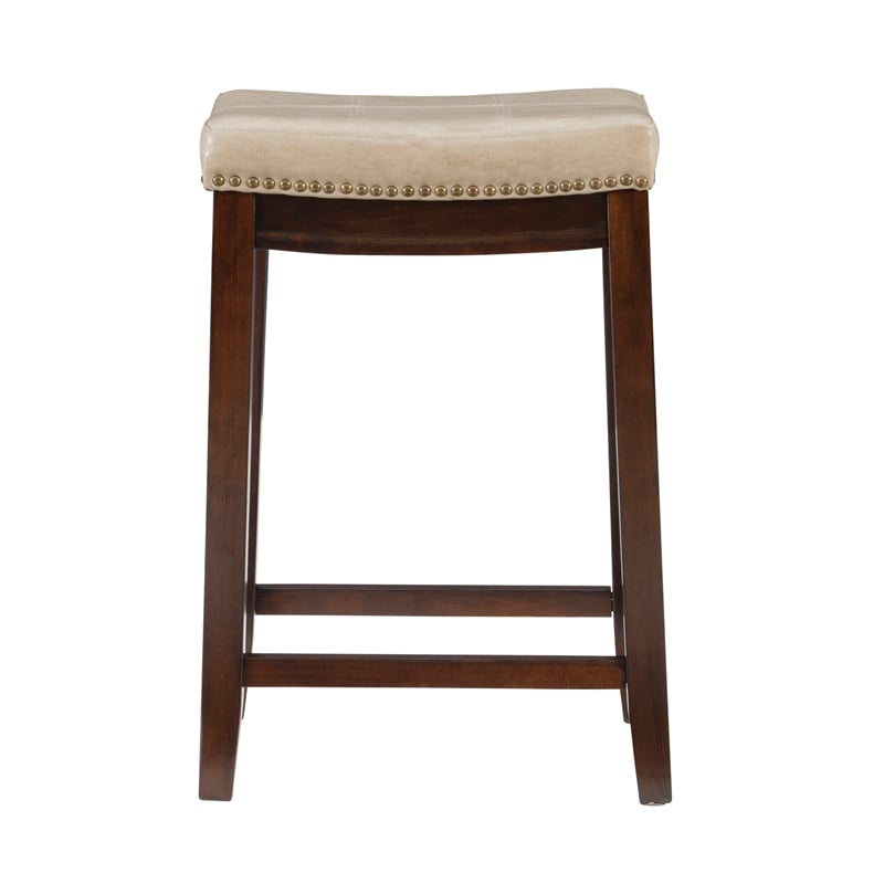 Linon Claridge Backless Counter Stool Beige Faux Leather Wood Frame in Brown