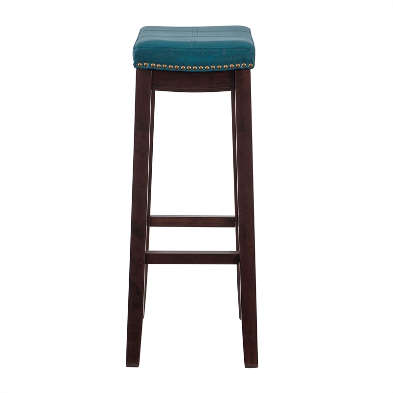 Linon Claridge Backless Bar Stool Blue Faux Leather Wood Frame in Brown Finish