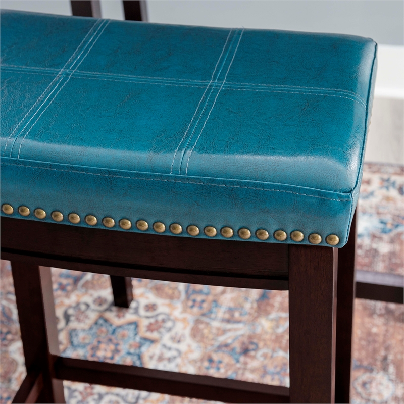 Linon Claridge Backless Bar Stool Blue Faux Leather Wood Frame in Brown Finish