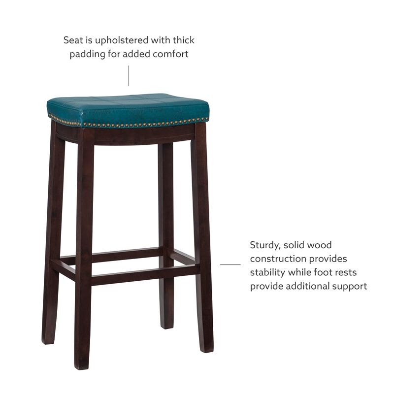 Linon Claridge Backless Bar Stool Blue Faux Leather Wood Frame in Brown Finish