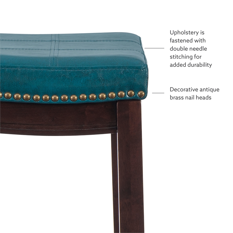 Linon Claridge Backless Bar Stool Blue Faux Leather Wood Frame in Brown Finish