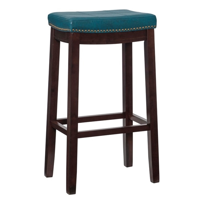 Linon Claridge Backless Bar Stool Blue Faux Leather Wood Frame in Brown Finish