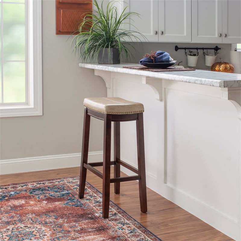 Linon Claridge Backless Bar Stool Beige Faux Leather Wood Frame in Brown Finish