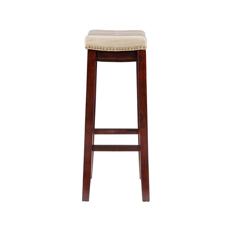 Linon Claridge Backless Bar Stool Beige Faux Leather Wood Frame in Brown Finish