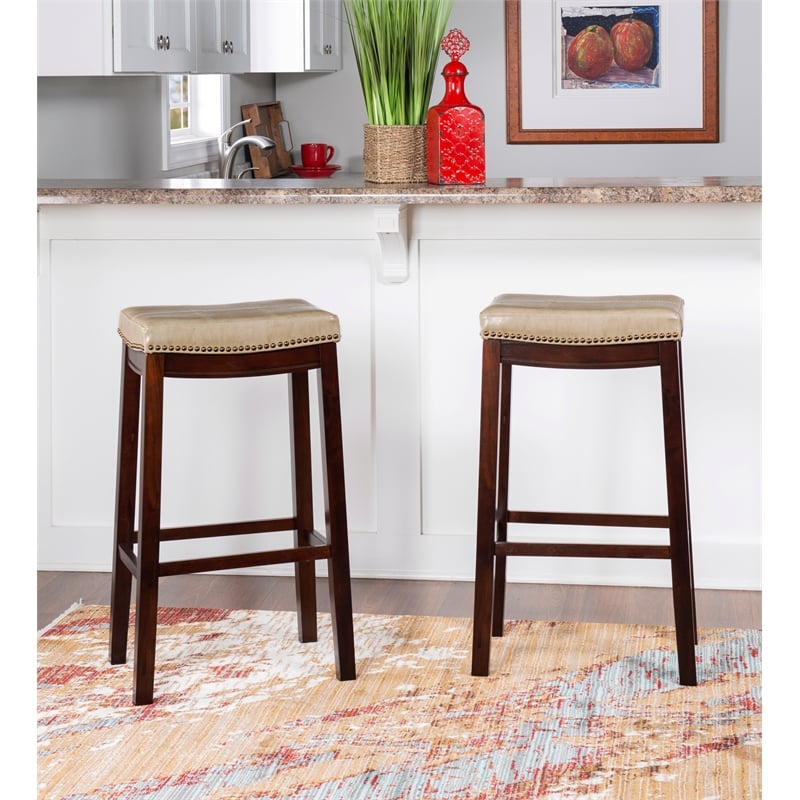 Linon Claridge Backless Bar Stool Beige Faux Leather Wood Frame in Brown Finish