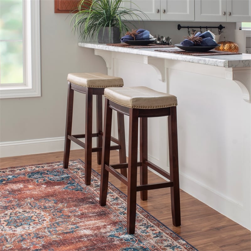 Linon Claridge Backless Bar Stool Beige Faux Leather Wood Frame in Brown Finish