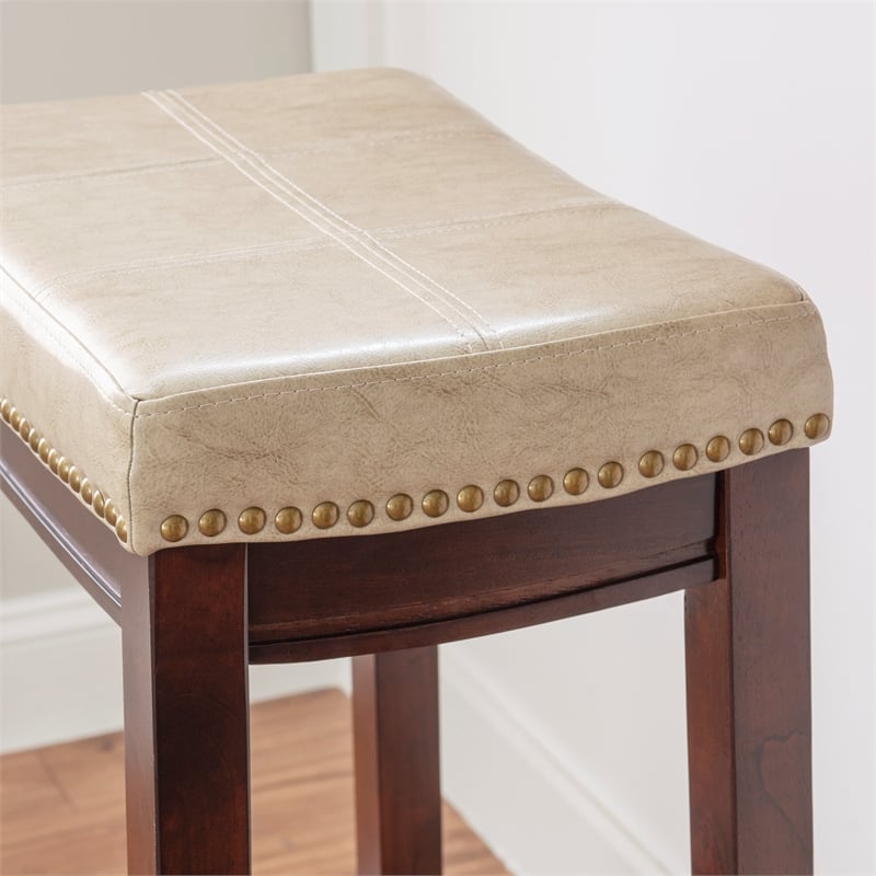 Linon Claridge Backless Bar Stool Beige Faux Leather Wood Frame in Brown Finish