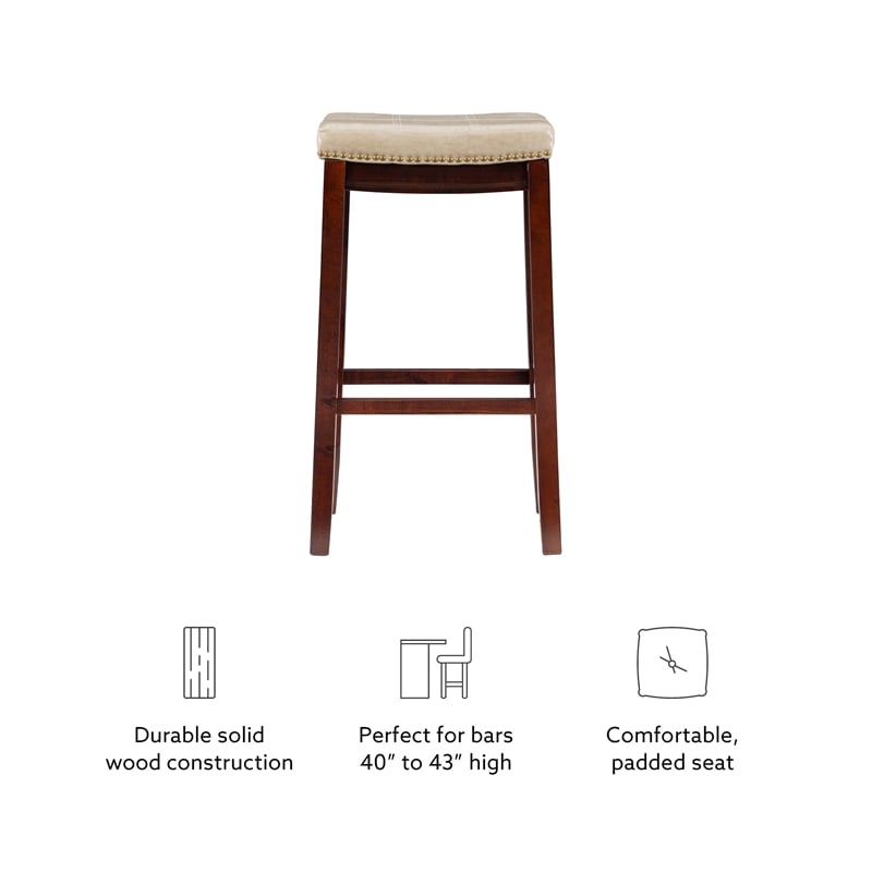 Linon Claridge Backless Bar Stool Beige Faux Leather Wood Frame in Brown Finish