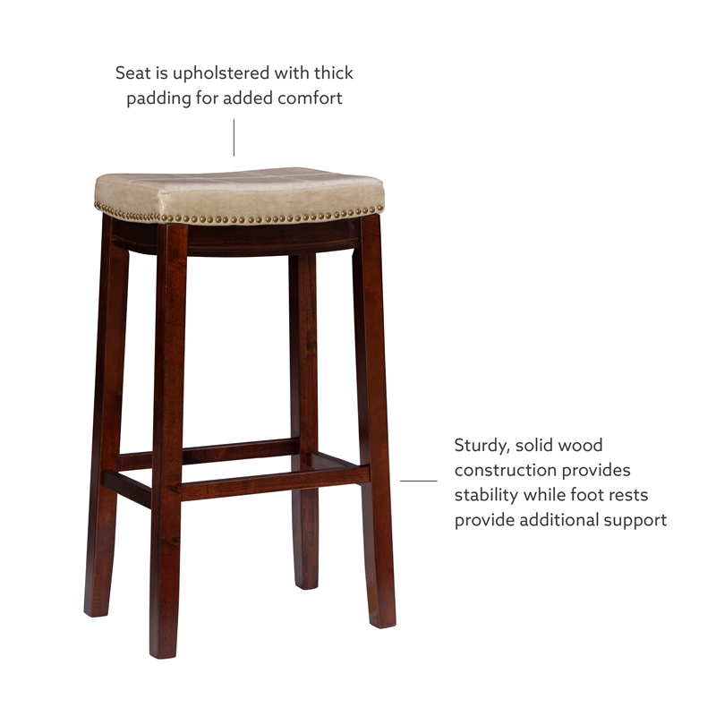 Linon Claridge Backless Bar Stool Beige Faux Leather Wood Frame in Brown Finish