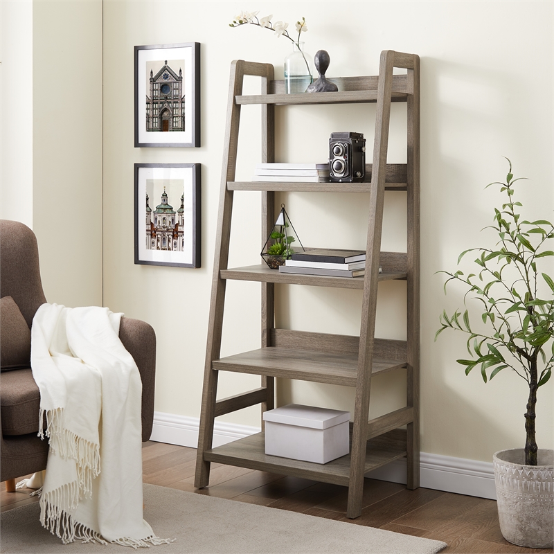 Linon Tracey Five Shelf Wood Ladder Bookcase in Gray 69336GRY01U