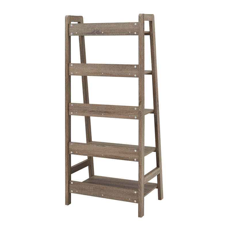 Linon Tracey Five Open Shelf Wood Ladder Bookcase in Gray Finish