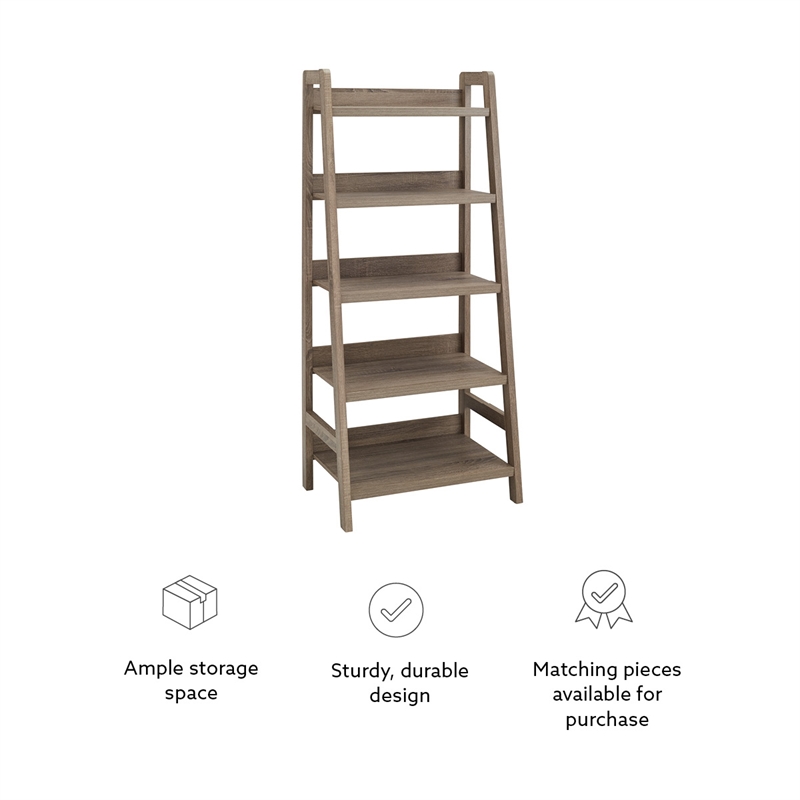 Linon Tracey Five Open Shelf Wood Ladder Bookcase in Gray Finish